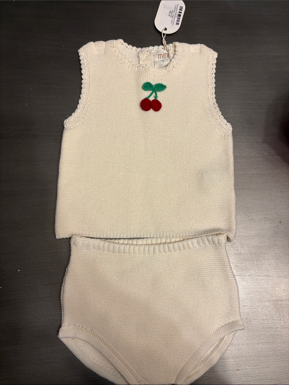 NWT Pompome baby girl knit embroidered cherry crochet set in cream size 24 month